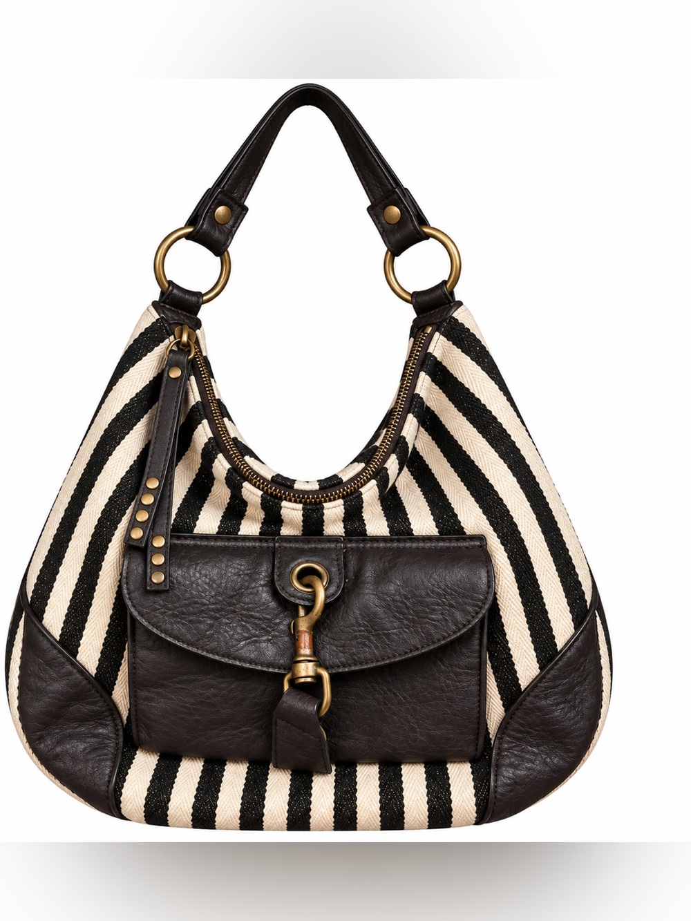 FE Fashion Express Black Cream Striped Hobo Shoulder Bag Boho Brass Hardware